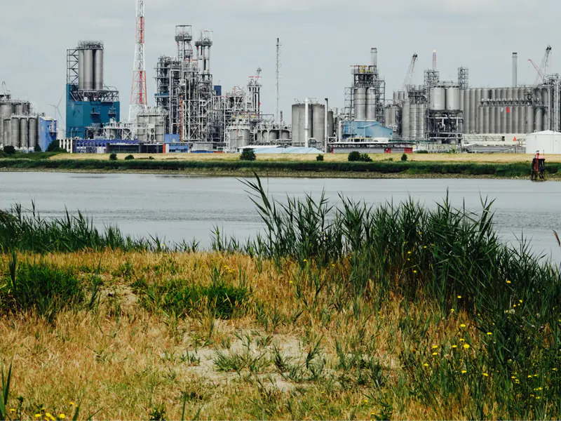 Chemisch complex aan het water, gezien vanaf de oever