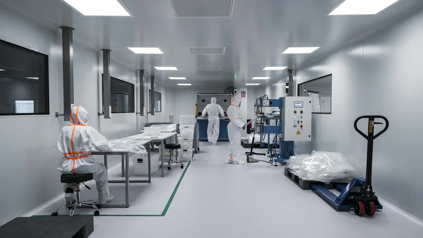 Ruime cleanroom met apparatuur en medewerkers