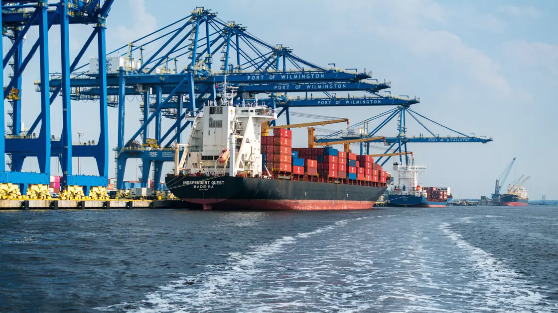 Containerschip onder de kranen van een terminal