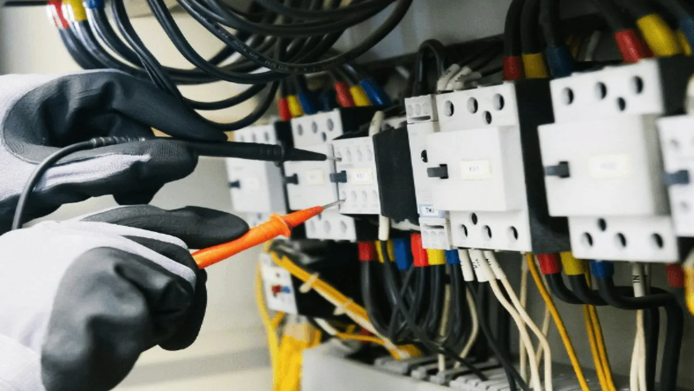 Monteur meet met een testpen aan contactoren in een kast
