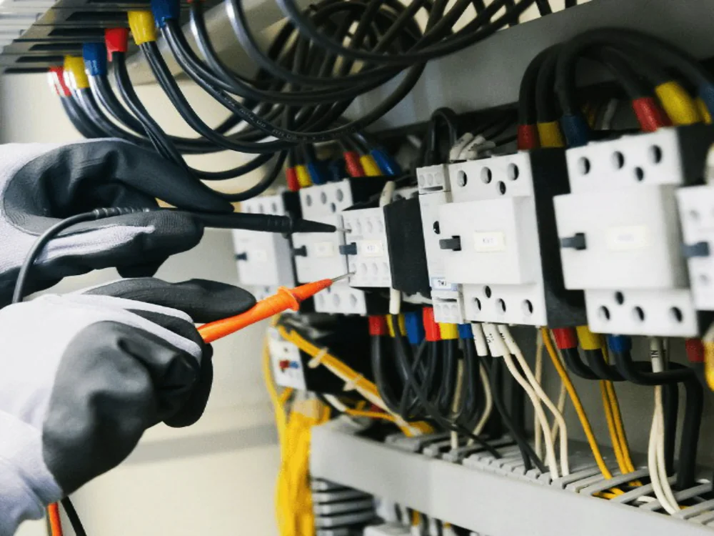 Monteur meet met een testpen aan contactoren in een kast