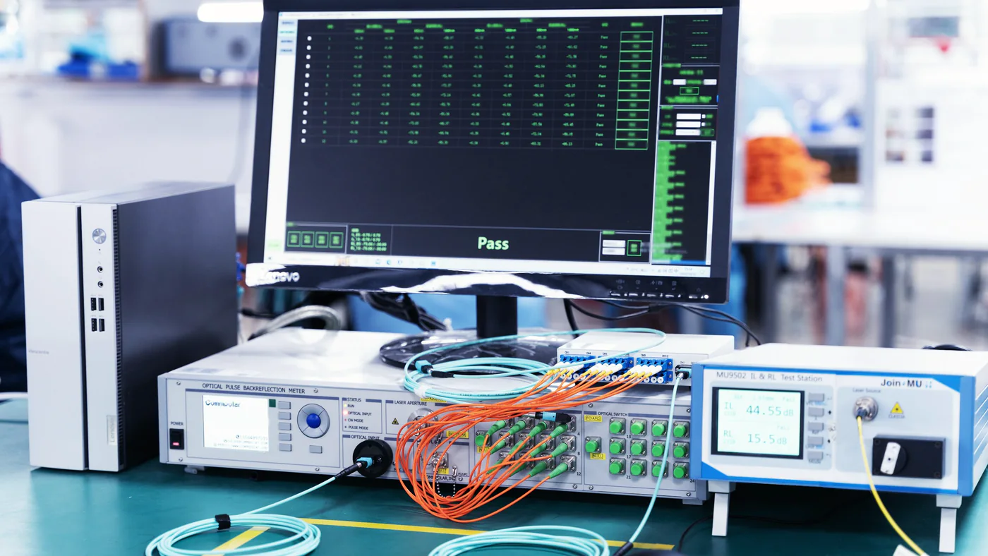 Elektronische testopstelling met monitor en meetapparatuur