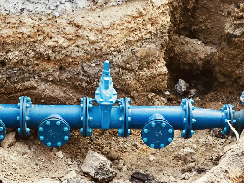 Blauwe waterleiding met afsluiters in een open sleuf